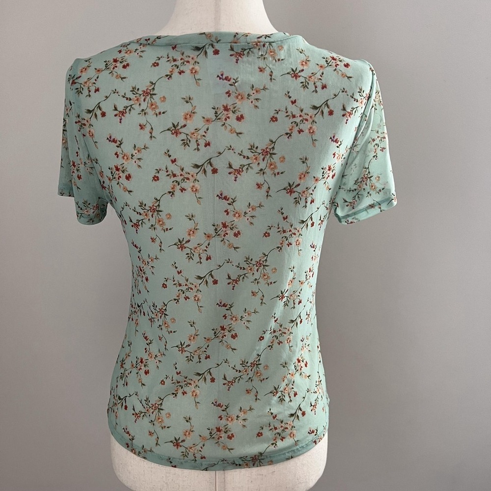 Mint Green Floral Short Sleeve Top Fairy Cottage Y2K Soft Girl Coquette Romantic - Picture 3 of 8
